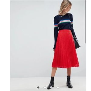 NWOT ASOS pleated red lace midi skirt size 4
